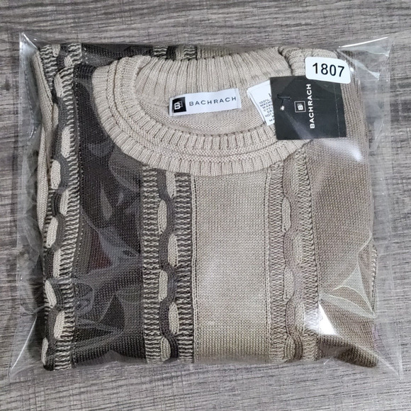 Vintage BACHRACH Mens Large Cable Knit Sweater Tan Neutral Acrylic Made in USA - Picture 12 of 12